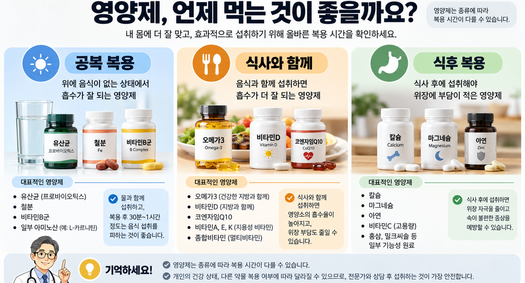 영양제는 식전 vs 식후 언제 먹을까? 복용시간 쉽게 정리